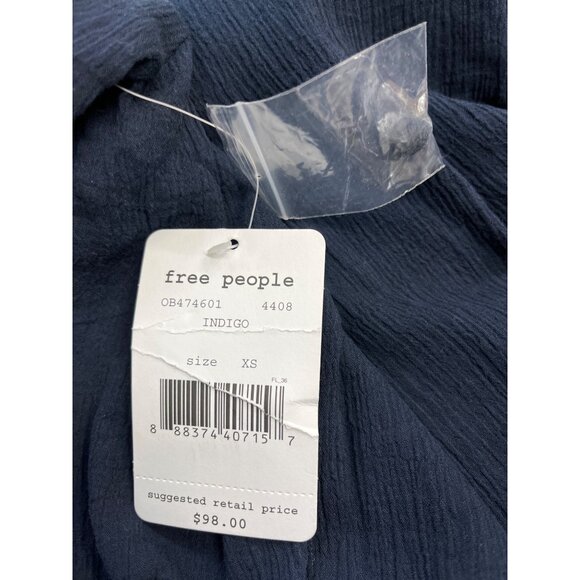 Free People Women's Indigo Blue Boho Tassel Crochet Gauzy Mesh Blouse Top Sz XS - Picture 5 of 9